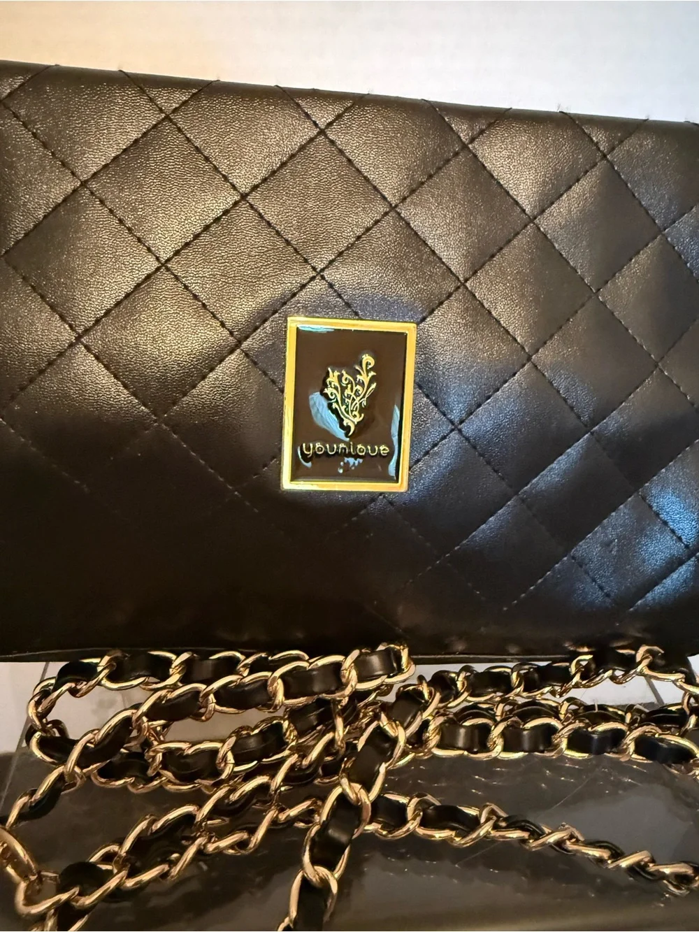 Younique Black Faux Lesther Quilted Crossbody with Gold Chain
